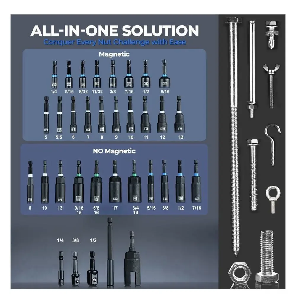 TOOLANT Impact Magnetic Nut Driver Set - 34pcs - Impact Driver Bit Set In Case